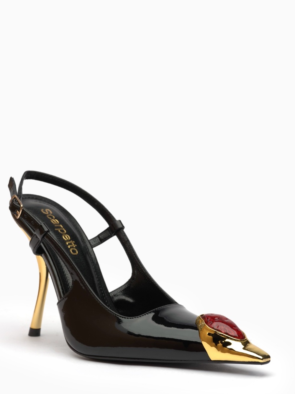 Regina Patent Leather Heels: Mirror-Gold Toe Cap, Cabochon Stone, Blade Heel